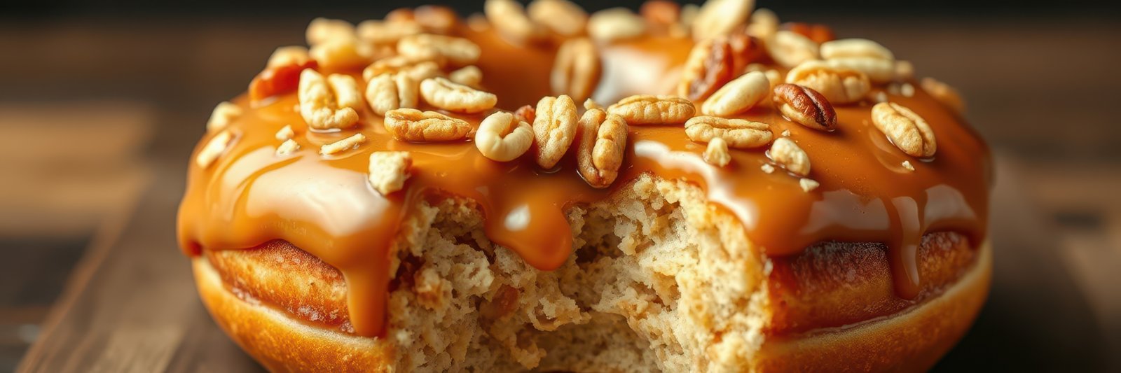 Delicious caramel donut topped with nuts on a wooden table creating a warm, inviting atmosphere